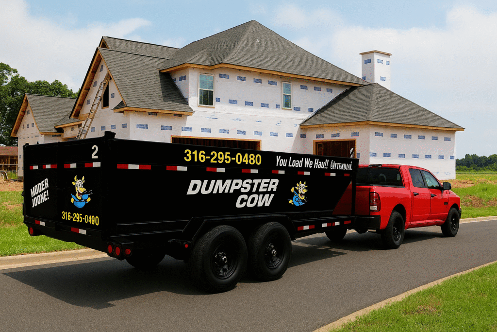 Dumpster Cow 16-yard roll-off dumpster in a Wichita KS driveway loaded with construction debris from a home renovation; clear, safe workspace around it.